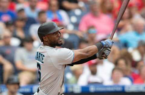 PHILADELPHIA, PA - JULY 18: Starling Marte #6 of the Miami Marlins bats against the Philadelphia Phillies at Citizens Bank Park on July 18, 2021 in Philadelphia, Pennsylvania. The Phillies defeated the Marlins 7-4. (Photo by Mitchell Leff/Getty Images)