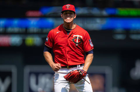 MINNEAPOLIS, MN - JULY 11: Jose Berrios #17 of the Minnesota Twins celebrates against the Detroit Tigers on July 11, 2021 at Target Field in Minneapolis, Minnesota. (Photo by Brace Hemmelgarn/Minnesota Twins/Getty Images)