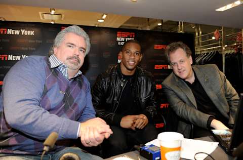 NEW YORK, NY - DECEMBER 08: ESPN Sportscaster Don LaGreca, New York Giants wide receiver Victor Cruz and ESPN Sportscaster Michael Kay pose for a photo during Guy's Night Out at Lord & Taylor on December 8, 2011 in New York City. (Photo by Jemal Countess/Getty Images for Lord & Taylor)