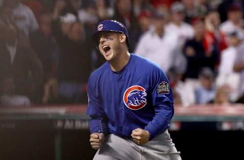 CLEVELAND, OH - NOVEMBER 02: Anthony Rizzo #44 of the Chicago Cubs celebrates after Rizzo scores a run in the 10th inning on a Miguel Montero #47 against the Cleveland Indians in Game Seven of the 2016 World Series at Progressive Field on November 2, 2016 in Cleveland, Ohio. (Photo by Ezra Shaw/Getty Images)