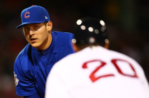 BOSTON, MA - APRIL 30: Anthony Rizzo #44 of the Chicago Cubs looks on during a game against the Boston Red Sox at Fenway Park on April 30, 2017 in Boston, Massachusetts. (Photo by Adam Glanzman/Getty Images)