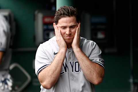 BOSTON, MA – JULY 25: Pitcher Zack Britton #53 of the New York Yankees walks in the dugout after giving up the go ahead sacrifice fly during the eighth inning of their 5-4 loss to the Boston Red Sox at Fenway Park on July 25, 2021 in Boston, Massachusetts. (Photo By Winslow Townson/Getty Images)