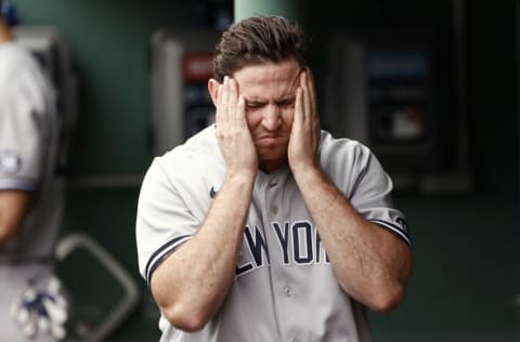 BOSTON, MA - JULY 25: Pitcher Zack Britton #53 of the New York Yankees walks in the dugout after giving up the go ahead sacrifice fly during the eighth inning of their 5-4 loss to the Boston Red Sox at Fenway Park on July 25, 2021 in Boston, Massachusetts. (Photo By Winslow Townson/Getty Images)