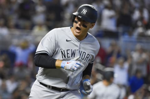 MIAMI, FL - AUGUST 01: Anthony Rizzo #48 of the New York Yankees reacts towards the bench after hitting an RBI single in the eighth inning against the Miami Marlins at loanDepot park on August 1, 2021 in Miami, Florida. (Photo by Eric Espada/Getty Images)