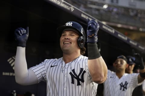 NEW YORK, NY – AUGUST 17: Luke Voit #59 of the New York Yankees celebrates hitting a home run against the Boston Red Sox in the second inning during game two of a doubleheader at Yankee Stadium on August 17, 2021 in New York City. (Photo by Adam Hunger/Getty Images)