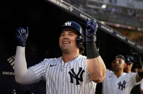 NEW YORK, NY - AUGUST 17: Luke Voit #59 of the New York Yankees celebrates hitting a home run against the Boston Red Sox in the second inning during game two of a doubleheader at Yankee Stadium on August 17, 2021 in New York City. (Photo by Adam Hunger/Getty Images)