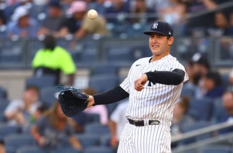 NEW YORK, NEW YORK - AUGUST 18: Anthony Rizzo #48 of the New York Yankees in action against the Boston Red Sox at Yankee Stadium on August 18, 2021 in New York City. New York Yankees defeated the Boston Red Sox 5-2. (Photo by Mike Stobe/Getty Images)