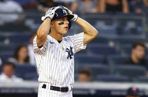 NEW YORK, NEW YORK - AUGUST 20: Andrew Velazquez #71 of the New York Yankees in action against the Minnesota Twins at Yankee Stadium on August 20, 2021 in New York City. New York Yankees defeated the Minnesota Twins 10-2. (Photo by Mike Stobe/Getty Images)