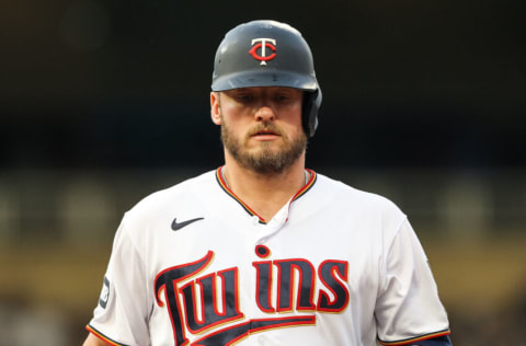 MINNEAPOLIS, MN - JUNE 24: Josh Donaldson #20 of the Minnesota Twins looks on after hitting a single against the Cleveland Indians in the third inning of the game at Target Field on June 24, 2021 in Minneapolis, Minnesota. The Indians defeated the Twins 4-1. (Photo by David Berding/Getty Images)