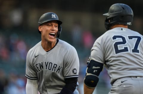 MINNEAPOLIS, MN - JUNE 10: Aaron Judge #99 of the New York Yankees celebrates with Giancarlo Stanton #27 against the Minnesota Twins on June 10, 2021 at Target Field in Minneapolis, Minnesota. (Photo by Brace Hemmelgarn/Minnesota Twins/Getty Images)