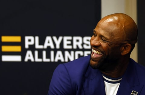 DENVER, COLORADO - JULY 12: CC Sabathia looks on during a press conference announcing funding for the Players Alliance from Major League Baseball during the Gatorade All-Star Workout Day at Coors Field on July 12, 2021 in Denver, Colorado. (Photo by Justin Edmonds/Getty Images)