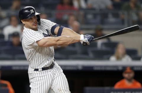 NEW YORK, NEW YORK - AUGUST 03: Giancarlo Stanton #27 of the New York Yankees in action against the Baltimore Orioles at Yankee Stadium on August 03, 2021 in New York City. The Yankees defeated the Orioles 13-1. (Photo by Jim McIsaac/Getty Images)