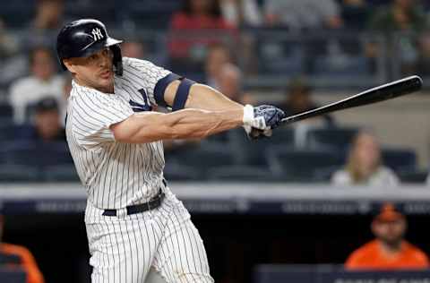 NEW YORK, NEW YORK - AUGUST 03: Giancarlo Stanton #27 of the New York Yankees in action against the Baltimore Orioles at Yankee Stadium on August 03, 2021 in New York City. The Yankees defeated the Orioles 13-1. (Photo by Jim McIsaac/Getty Images)