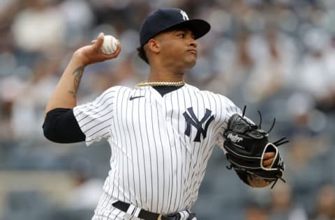 NEW YORK, NEW YORK - AUGUST 08: Luis Gil #81 of the New York Yankees in action against the Seattle Mariners at Yankee Stadium on August 08, 2021 in New York City. The Mariners defeated the Yankees 2-0. (Photo by Jim McIsaac/Getty Images)