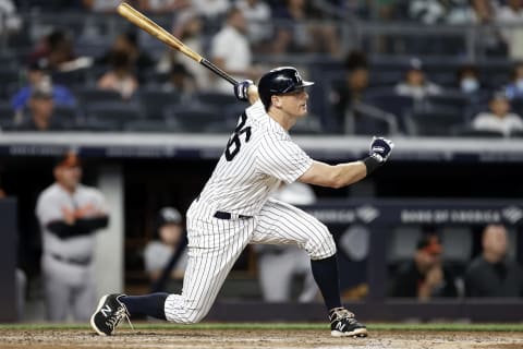 NEW YORK, NY – AUGUST 2: DJ LeMahieu #26 of the New York Yankees at bat against the Baltimore Orioles during the fifth inning at Yankee Stadium on August 2, 2021 in New York City. (Photo by Adam Hunger/Getty Images)