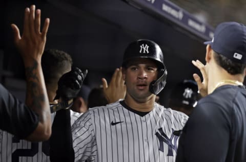 NEW YORK, NY - AUGUST 4: Gary Sanchez #24 of the New York Yankees celebrates against the Baltimore Orioles during the seventh inning at Yankee Stadium on August 4, 2021 in New York City. (Photo by Adam Hunger/Getty Images)