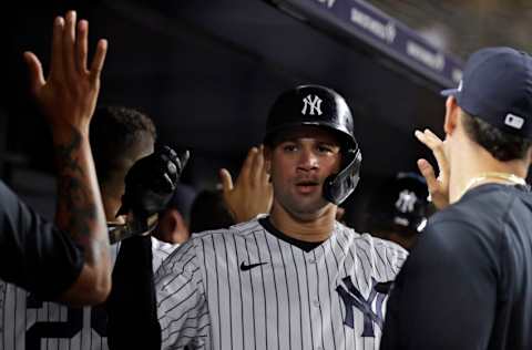 NEW YORK, NY - AUGUST 4: Gary Sanchez #24 of the New York Yankees celebrates against the Baltimore Orioles during the seventh inning at Yankee Stadium on August 4, 2021 in New York City. (Photo by Adam Hunger/Getty Images)