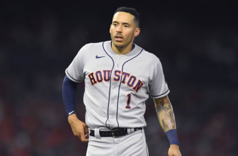 ANAHEIM, CA - AUGUST 13: Carlos Correa #1 of the Houston Astros while playing the Los Angeles Angels at Angel Stadium of Anaheim on August 13, 2021 in Anaheim, California. (Photo by John McCoy/Getty Images)