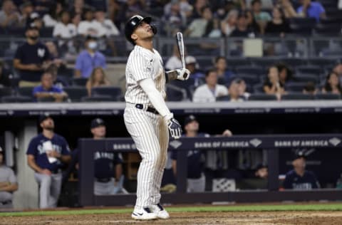 NEW YORK, NY - AUGUST 6: Gleyber Torres #25 of the New York Yankees at bat against the Seattle Mariners during the 11th inning at Yankee Stadium on August 6, 2021 in New York City. The Yankees won 3-2. (Photo by Adam Hunger/Getty Images)