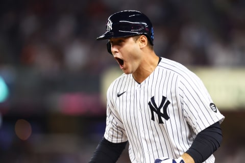 NEW YORK, NEW YORK – AUGUST 18: Anthony Rizzo #48 of the New York Yankees celebrates after hitting a two run single in the second inning against the Boston Red Sox at Yankee Stadium on August 18, 2021 in New York City. (Photo by Mike Stobe/Getty Images)