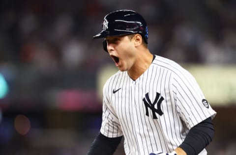 NEW YORK, NEW YORK - AUGUST 18: Anthony Rizzo #48 of the New York Yankees celebrates after hitting a two run single in the second inning against the Boston Red Sox at Yankee Stadium on August 18, 2021 in New York City. (Photo by Mike Stobe/Getty Images)