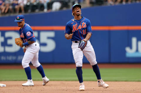 NEW YORK, NEW YORK - AUGUST 29: Francisco Lindor #12 of the New York Mets reacts after recording an out to end the top of the fifth inning of a game against the Washington Nationals at Citi Field on August 29, 2021 in New York City. (Photo by Dustin Satloff/Getty Images)