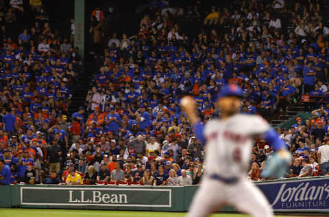 BOSTON, MA - SEPTEMBER 21: A general view of New York Mets fans in the right field corner seats during the first inning of the game between the New York Mets and the Boston Red Sox at Fenway Park on September 21, 2021 in Boston, Massachusetts. (Photo By Winslow Townson/Getty Images)