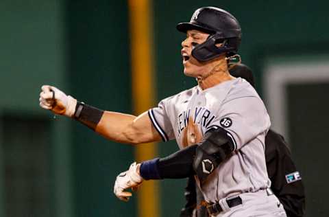 BOSTON, MA - SEPTEMBER 26: Aaron Judge #99 of the New York Yankees reacts after hitting a go ahead RBI double during the eighth inning of a game against the Boston Red Sox on September 26, 2021 at Fenway Park in Boston, Massachusetts. (Photo by Billie Weiss/Boston Red Sox/Getty Images)