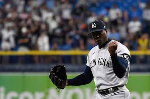 ST PETERSBURG, FLORIDA - JULY 27: Aroldis Chapman #54 of the New York Yankees reacts after defeating the Tampa Bay Rays by a score of 4 to 3 at Tropicana Field on July 27, 2021 in St Petersburg, Florida. (Photo by Douglas P. DeFelice/Getty Images)