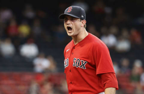 BOSTON, MA - AUGUST 23: Garrett Whitlock #72 of the Boston Red Sox shouts after an out during the 11th inning against the Texas Rangers at Fenway Park on August 23, 2021 in Boston, Massachusetts. (Photo By Winslow Townson/Getty Images)