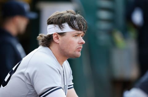 OAKLAND, CALIFORNIA - AUGUST 29: Luke Voit #59 of the New York Yankees looks on during the game against the Oakland Athletics at RingCentral Coliseum on August 29, 2021 in Oakland, California. (Photo by Lachlan Cunningham/Getty Images)