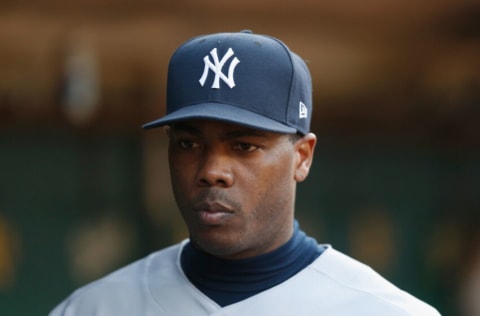 OAKLAND, CALIFORNIA - AUGUST 29: Aroldis Chapman #54 of the New York Yankees looks on during the game against the Oakland Athletics at RingCentral Coliseum on August 29, 2021 in Oakland, California. (Photo by Lachlan Cunningham/Getty Images)