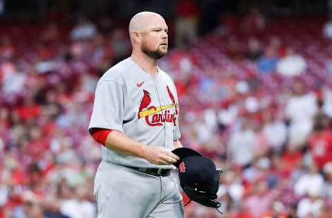 CINCINNATI, OHIO - AUGUST 30: Jon Lester #31 of the St. Louis Cardinals walks across the field in the fourth inning against the Cincinnati Reds at Great American Ball Park on August 30, 2021 in Cincinnati, Ohio. (Photo by Dylan Buell/Getty Images)