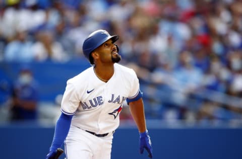 TORONTO, ON - SEPTEMBER 04: Marcus Semien #10 of the Toronto Blue Jays bats during a MLB game against the Oakland Athletics at Rogers Centre on September 4, 2021 in Toronto, Ontario, Canada. (Photo by Vaughn Ridley/Getty Images)