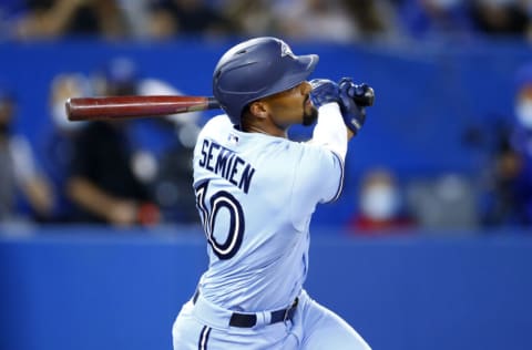 TORONTO, ON - SEPTEMBER 03: Marcus Semien #10 of the Toronto Blue Jays bats during a MLB game against the Oakland Athletics at Rogers Centre on September 3, 2021 in Toronto, Ontario, Canada. (Photo by Vaughn Ridley/Getty Images)