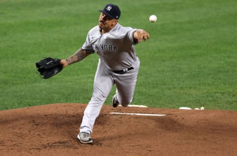 BALTIMORE, MARYLAND - SEPTEMBER 15: Starting pitcher Nestor Cortes Jr. #65 of the New York Yankees throws to a Baltimore Orioles batter in the first inning at Oriole Park at Camden Yards on September 15, 2021 in Baltimore, Maryland. (Photo by Rob Carr/Getty Images)