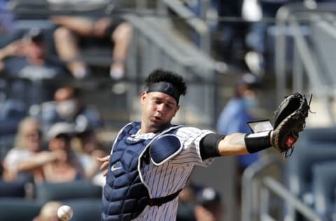 NEW YORK, NEW YORK - SEPTEMBER 18: Gary Sanchez #24 of the New York Yankees misses a pop up during the fifth inning against the Cleveland Indians at Yankee Stadium on September 18, 2021 in New York City. (Photo by Jim McIsaac/Getty Images)