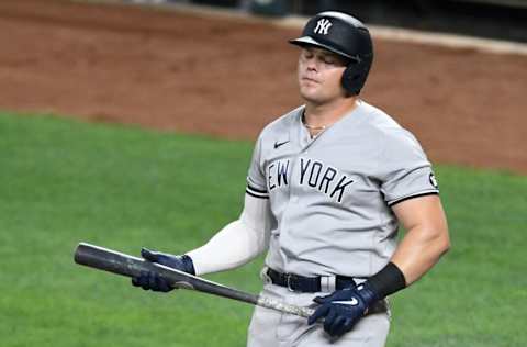 BALTIMORE, MD - SEPTEMBER 14: Luke Voit #59 of the New York Yankees reacts to pitch during a baseball game against the Baltimore Orioles at Oriole Park at Camden Yards on September 14, 2021 in Baltimore, Maryland. (Photo by Mitchell Layton/Getty Images)