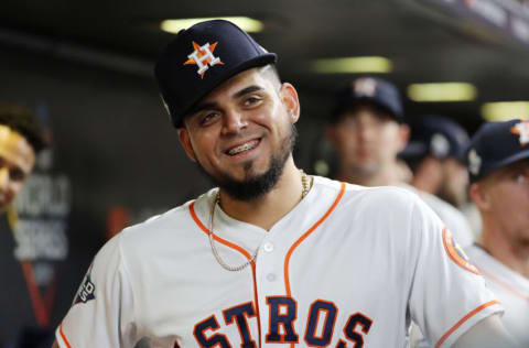 HOUSTON, TEXAS - OCTOBER 22: Roberto Osuna #54 of the Houston Astros looks on from the dugout prior to Game One of the 2019 World Series against the Washington Nationals at Minute Maid Park on October 22, 2019 in Houston, Texas. (Photo by Elsa/Getty Images)