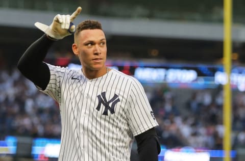 NEW YORK, NEW YORK - OCTOBER 03: Aaron Judge #99 of the New York Yankees celebrates after hitting a walk-off single in the bottom of the ninth inning to beat the Tampa Bay Rays 1-0 at Yankee Stadium on October 03, 2021 in New York City. (Photo by Mike Stobe/Getty Images)