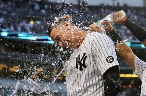 NEW YORK, NEW YORK - OCTOBER 03: Aaron Judge #99 of the New York Yankees celebrates after hitting a walk-off single in the bottom of the ninth inning to beat the Tampa Bay Rays 1-0 at Yankee Stadium on October 03, 2021 in New York City. (Photo by Mike Stobe/Getty Images)