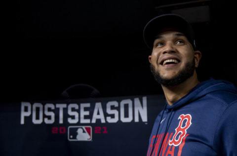 HOUSTON, TX - OCTOBER 15: Eduardo Rodriguez #57 of the Boston Red Sox reacts as starting lineups are introduced before game one of the 2021 American League Championship Series against the Houston Astros at Minute Maid Park on October 15, 2021 in Houston, Texas. (Photo by Billie Weiss/Boston Red Sox/Getty Images)