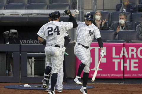 NEW YORK, NEW YORK - MAY 07: (NEW YORK DAILIES OUT) Gary Sanchez #24 of the New York Yankees celebrates his home run against the Washington Nationals with teammate Clint Frazier #77 at Yankee Stadium on May 07, 2021 in New York City. The Nationals defeated the Yankees 11-4. (Photo by Jim McIsaac/Getty Images)