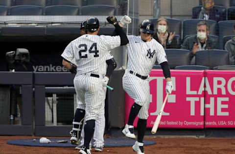 NEW YORK, NEW YORK - MAY 07: (NEW YORK DAILIES OUT) Gary Sanchez #24 of the New York Yankees celebrates his home run against the Washington Nationals with teammate Clint Frazier #77 at Yankee Stadium on May 07, 2021 in New York City. The Nationals defeated the Yankees 11-4. (Photo by Jim McIsaac/Getty Images)