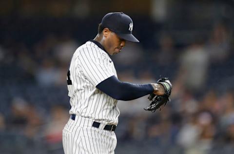 NEW YORK, NEW YORK - JUNE 30: Aroldis Chapman #54 of the New York Yankees looks on during the ninth inning against the Los Angeles Angels at Yankee Stadium on June 30, 2021 in the Bronx borough of New York City. The Angels won 11-8. (Photo by Sarah Stier/Getty Images)