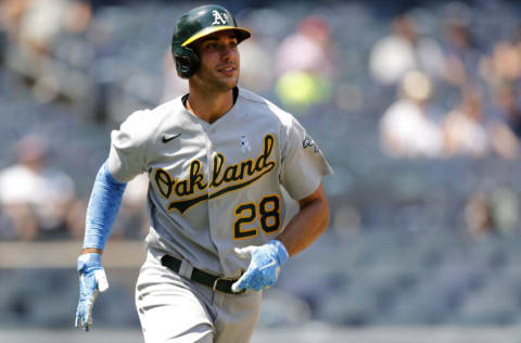 NEW YORK, NEW YORK - JUNE 20: (NEW YORK DAILIES OUT) Matt Olson #28 of the Oakland Athletics in action against the New York Yankees at Yankee Stadium on June 20, 2021 in New York City. The Yankees defeated the Athletics 2-1. (Photo by Jim McIsaac/Getty Images)