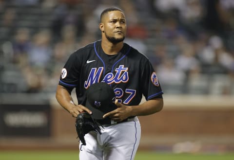 NEW YORK, NEW YORK – SEPTEMBER 17: Jeurys Familia #27 of the New York Mets reacts after coming off the mound during the eighth inning against the Philadelphia Phillies at Citi Field on September 17, 2021 in the Queens borough of New York City. (Photo by Sarah Stier/Getty Images)