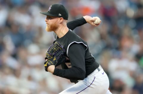 DENVER, COLORADO - SEPTEMBER 25: Starting pitcher Jon Gray #55 of the Colorado Rockies thrown against the San Francisco Giants in the first inning at Coors Field on September 25, 2021 in Denver, Colorado. (Photo by Matthew Stockman/Getty Images)