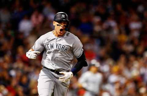 BOSTON, MASSACHUSETTS - SEPTEMBER 26: Aaron Judge #99 of the New York Yankees looks on after hitting a 2 RBI double at the top of the eighth inning of the game against the Boston Red Sox at Fenway Park on September 26, 2021 in Boston, Massachusetts. (Photo by Omar Rawlings/Getty Images)