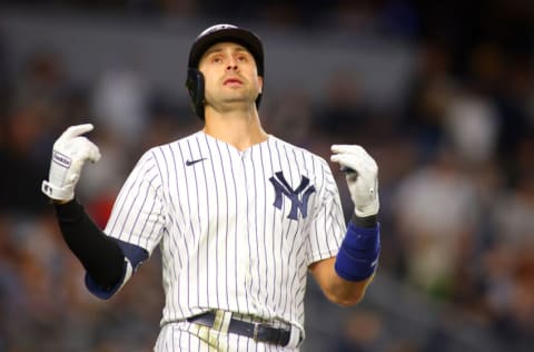 NEW YORK, NEW YORK - OCTOBER 01: Joey Gallo #13 of the New York Yankees reacts after lining out to right field in the bottom of the sixth inning against the Tampa Bay Rays at Yankee Stadium on October 01, 2021 in New York City. (Photo by Mike Stobe/Getty Images)